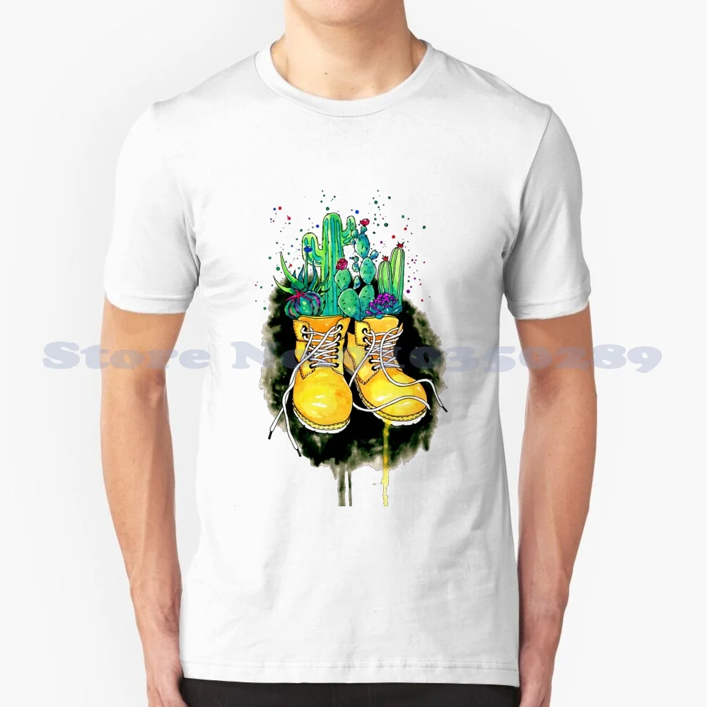 Succulents 100% Cotton T-Shirt Boots Cactus Succulent Plants Watercolor