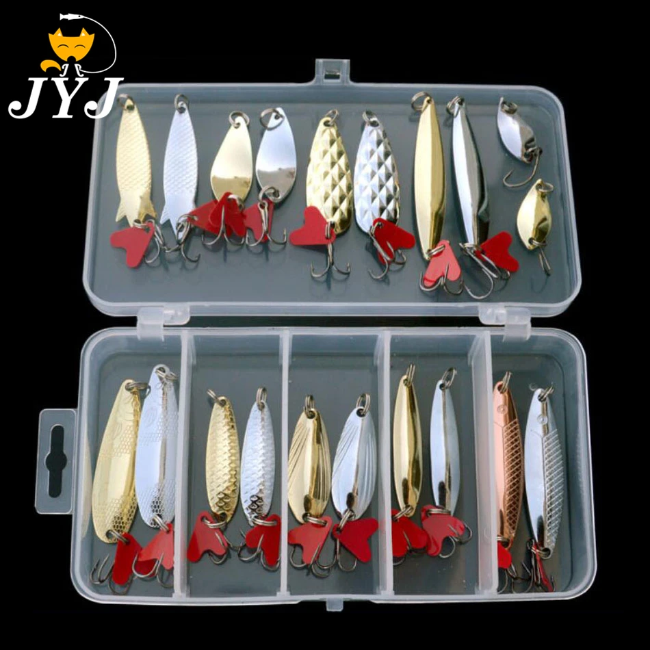 JYJ 20pcs per box colorful 2.5g 4g 5g 4.5g 6g 7g 8g 10g hard metal fishing spoon artificial lure set walleye trout spoon baits