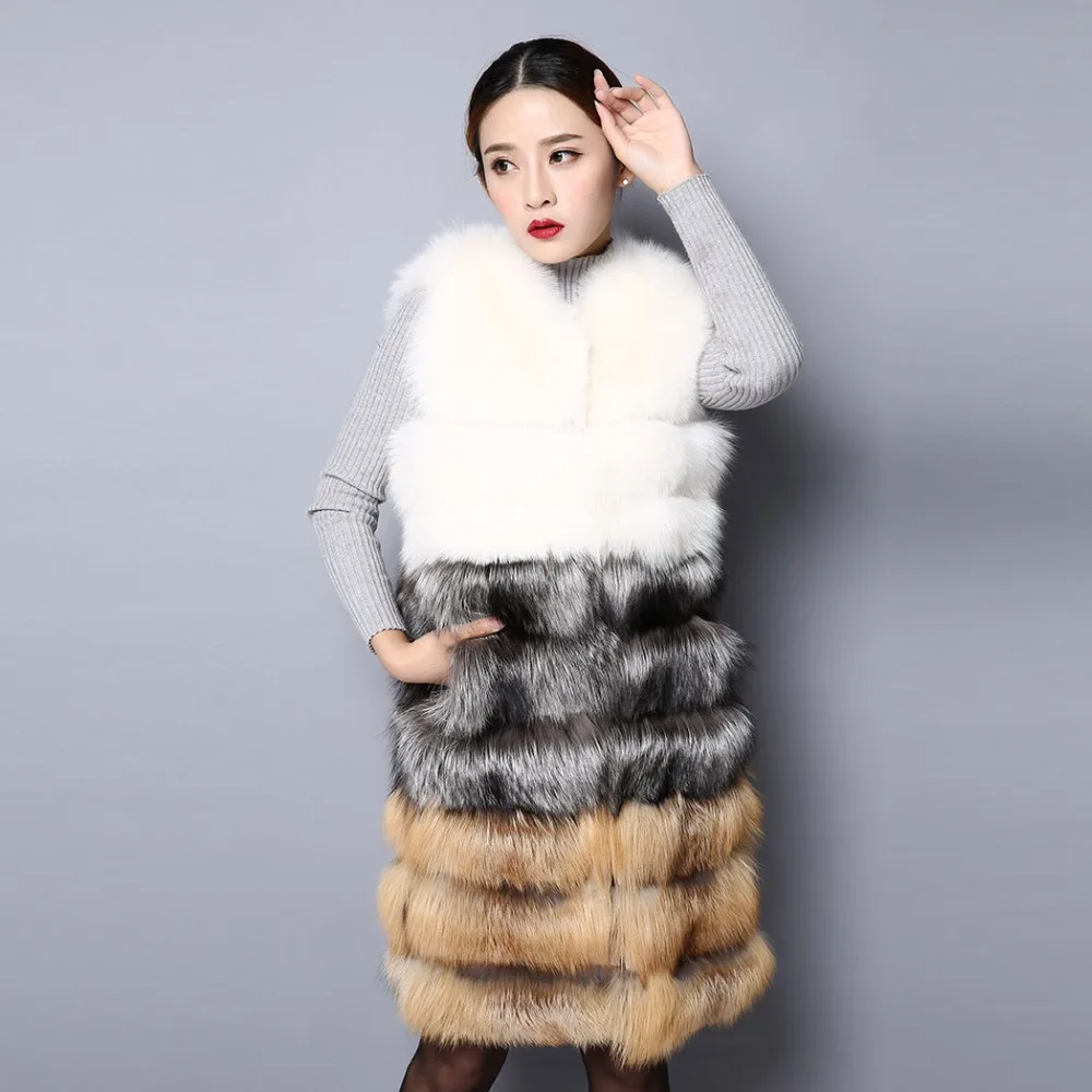 

Women's Real Fox Fur Waistcoat Tricolor Natural Fur Vest Winter Long Warm Jacket Outwear Fur Story 152109