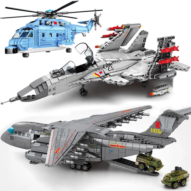 Military Y20 Conveyor Airplane J15 FC31 Aircraft Model Building Blocks Technical WZ10 Z18 Helicopter Figure Bricks MOC Toys Gift