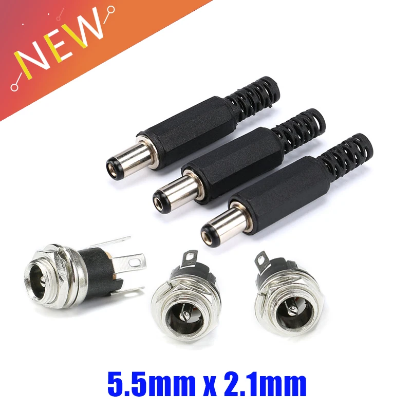 10 par/1 para Gniazdo zasilania DC żeńskie do montażu panelowego, złącze 3-pinowe 5.5x2.1mm z wtyczką DC męską 5.5mmx2.1mm do samodzielnego montażu