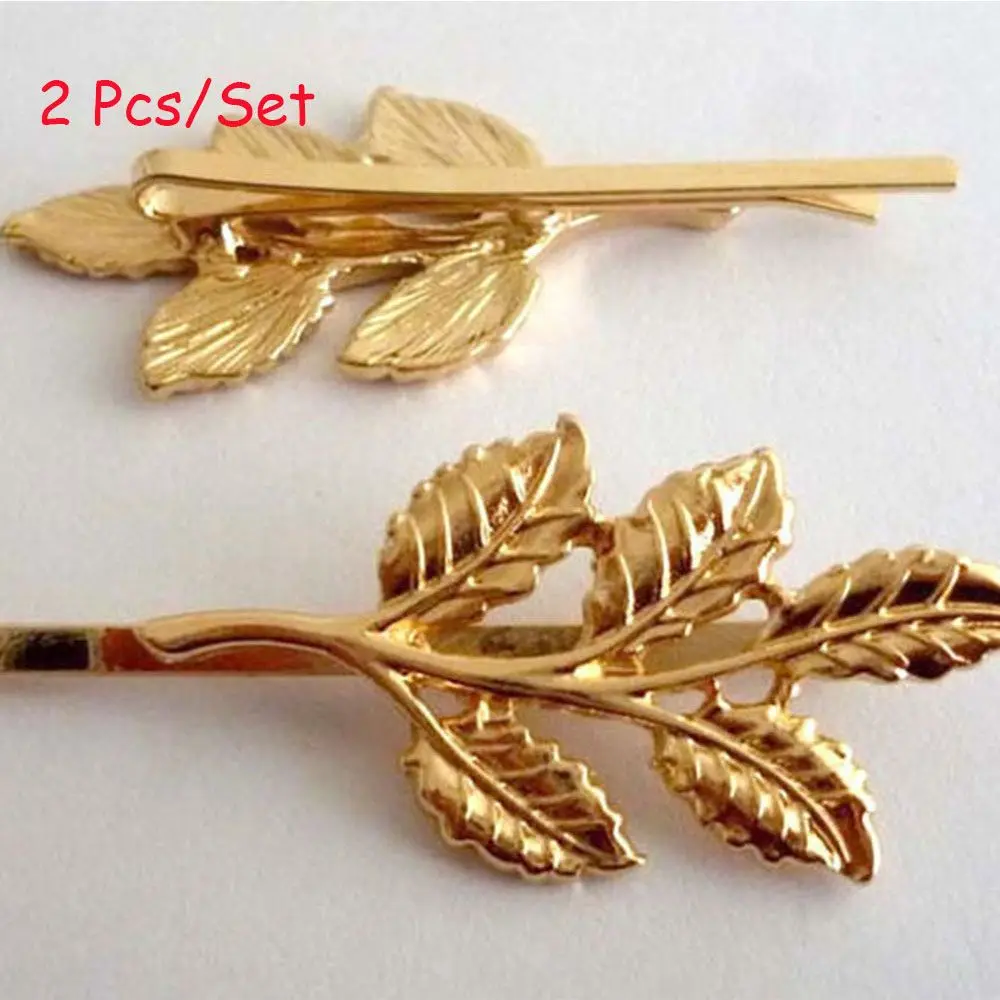 

Charming Girl And Leaves Golden Punk Hairpin Lovely Shiny Clip 2 Pcs Fashion Hair