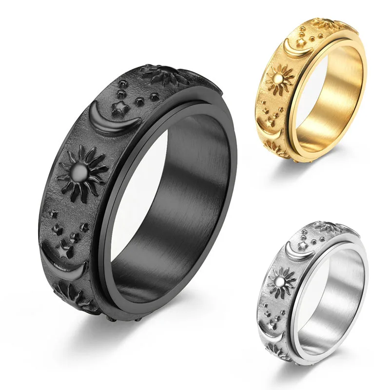 Crative Moon Sun Star Carved Engraved Statement Ring for Women Men Rotatable Stainless Steel Wedding Promise Couple Finger Ring