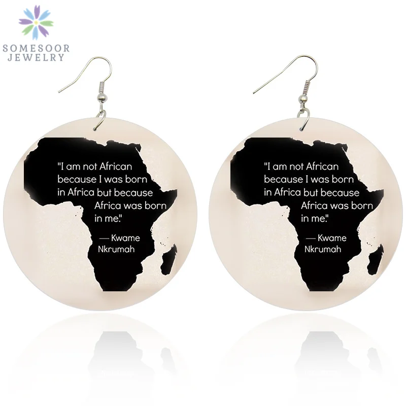 SOMESOOR Africa Born in me Black Sayings Wooden Drop Earrings African Map Designs Printed Wood Dangle Jewelry For Women Gifts