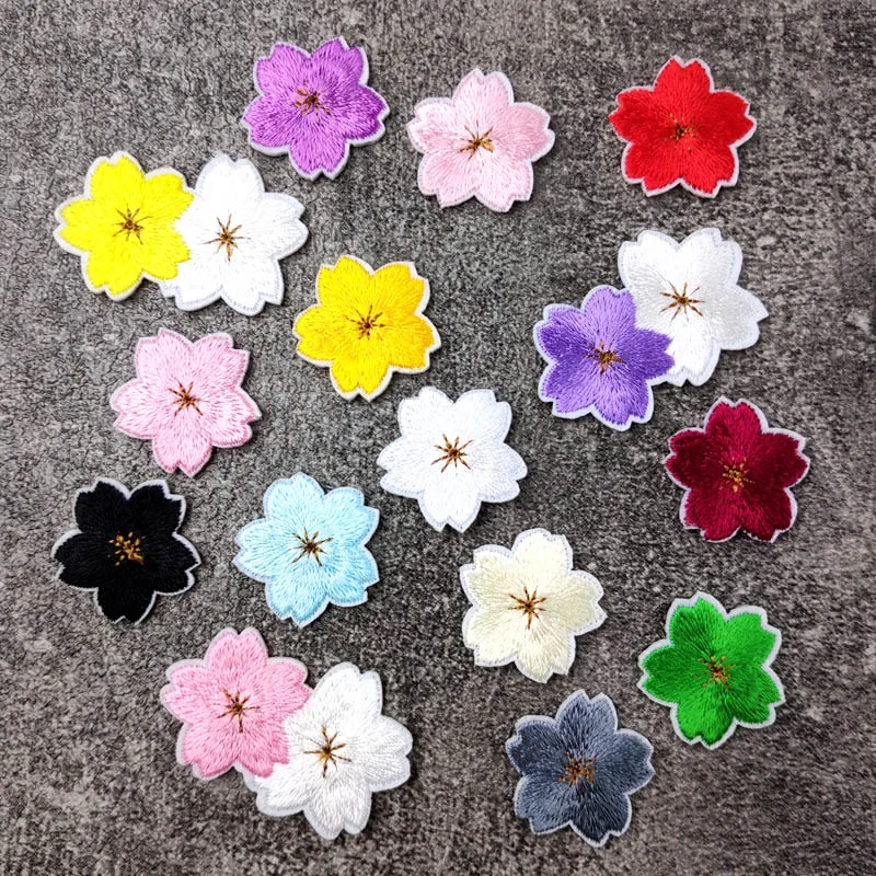 Colorful Cherry Blossoms Patches Clothe Embroidery Applique Sewing Supplies Decorative Pink Green Blue Red Sakura