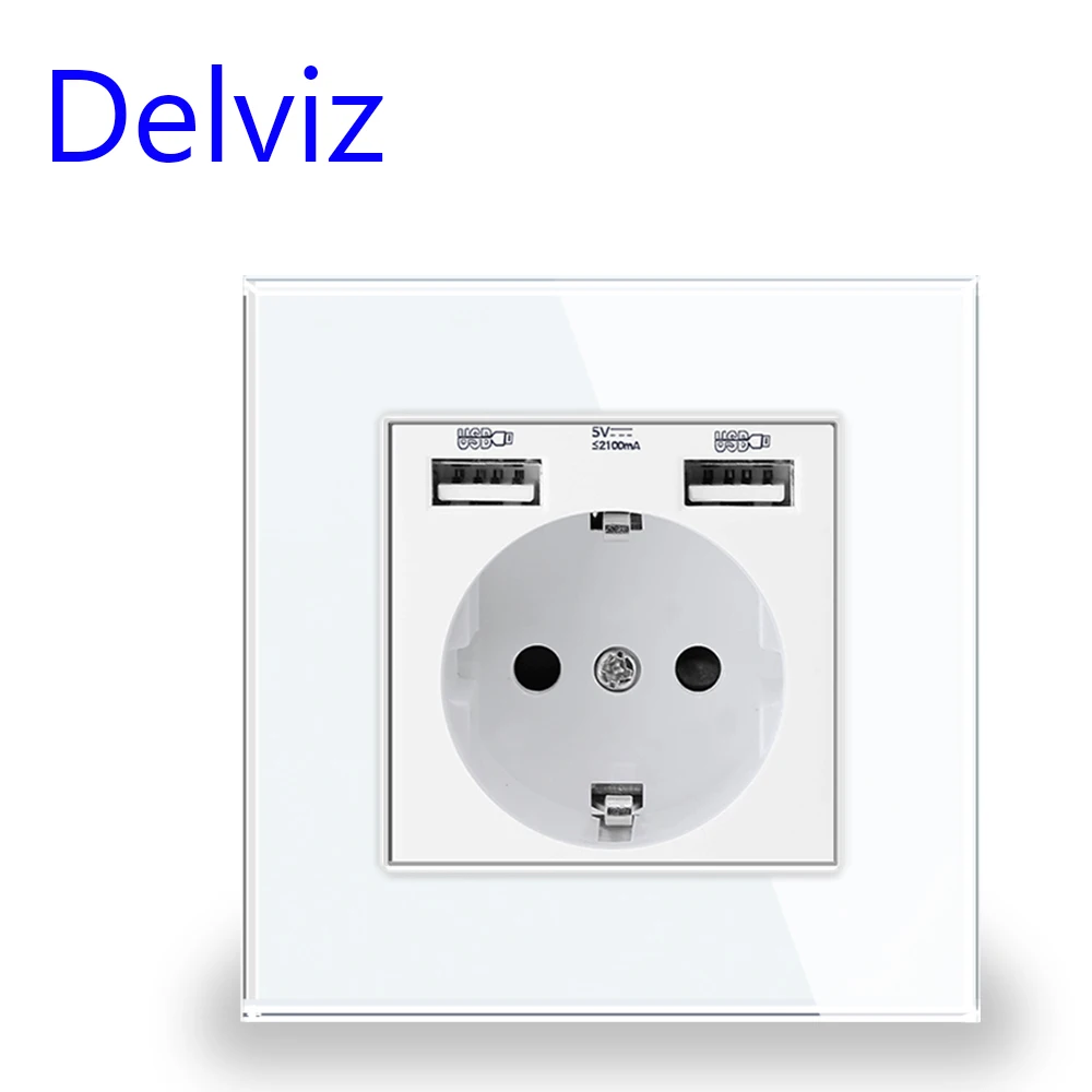 Delviz EU Standard USB Socket, 5V 2A Double USB Charging Interface, Wall Embedded 16A Power Outlet, Tempered Crystal Glass Panel