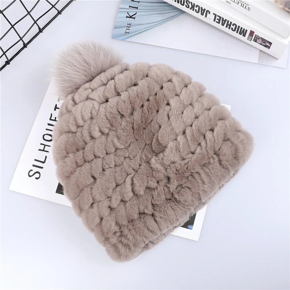 European Station Luxury Women's Real Rex Rabbit Fur Beanie Hats Lady Winter Warm Bucket Cap With Fox Fur Pom Poms Solid Color