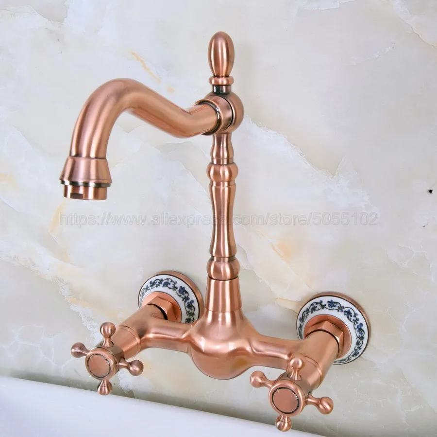 

Bathroom Faucet Antique Red Copper Kitchen Mixer Tap Faucet Wall Mounted Dual Handle Hot And Cold Taps znf943