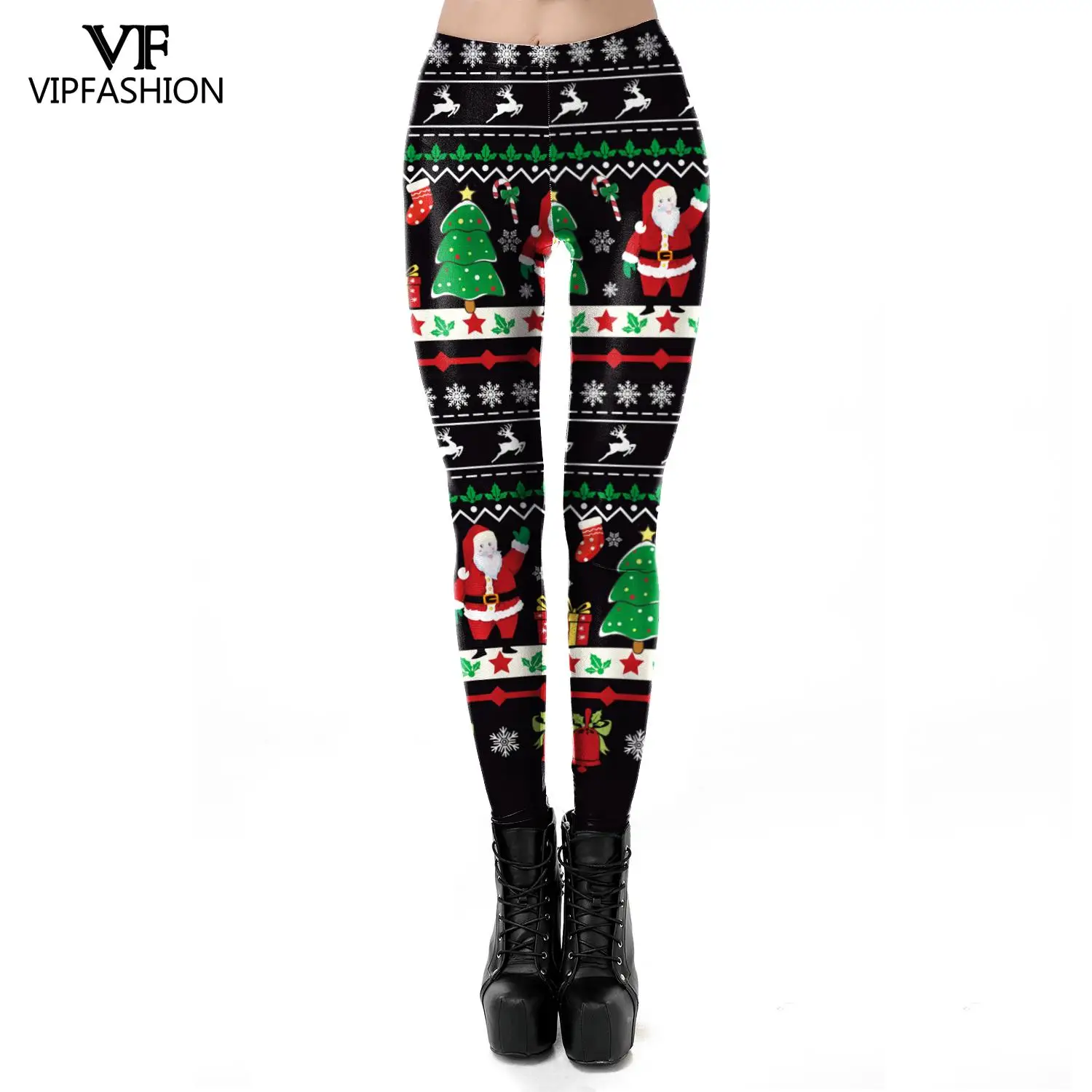 VIP FASHION Women Xmas Festival Leggings pant High Waist Autumn Winter Merry Christmas Hat Printed Leggins Sports Trousers