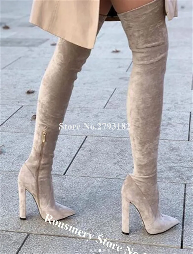 Brand Design Women Sexy Suede Leather Over Knee Chunky Heel Boots Banded Black Beige Long Thick High Heel Boots Club Dress Shoes