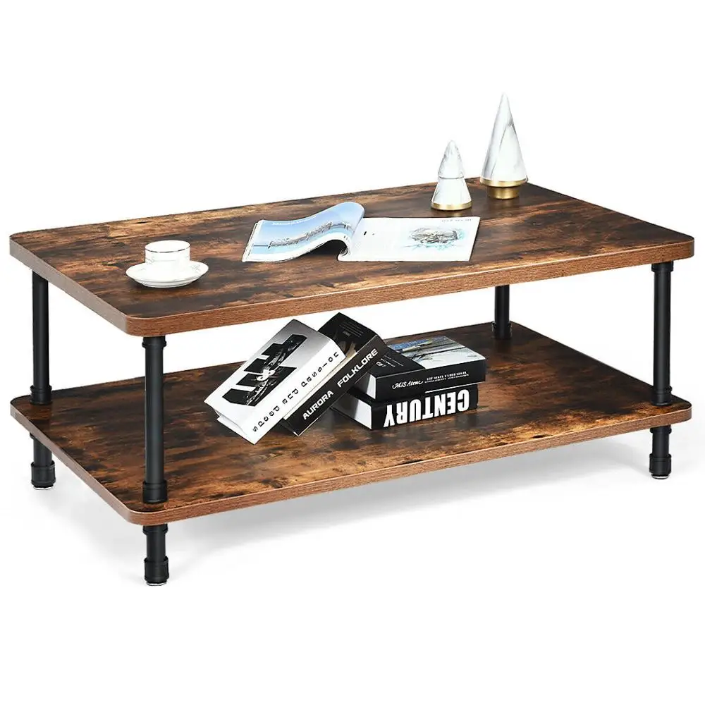 Industrial Coffee Table Rustic Accent Table Storage Shelf Living Room Furniture