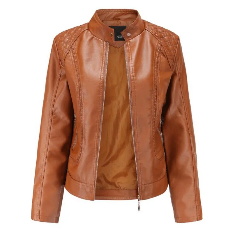 Women Leather Jacket Female Zipper Stitching Rivet Stand Collar PU Leather Outerwear Leather Outwear Fall Jacket