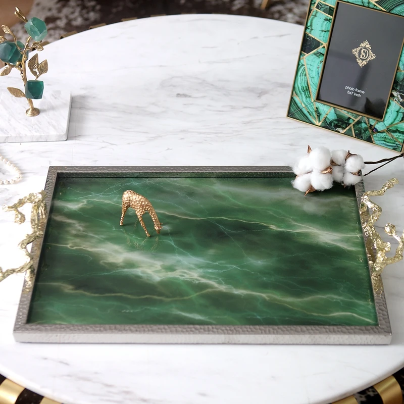 Creative Rectangular Green Agate Stone Texture Tray Luxury Decor Ornament Living Room Marble Table Storage Trays Serving Tray