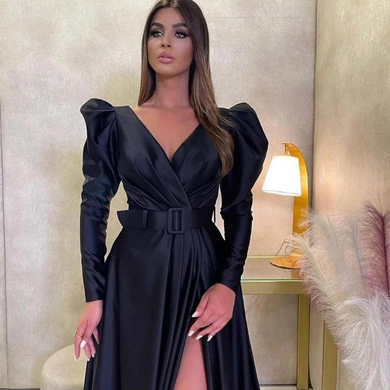 Eightree Black Long Formal Prom Dresses Long Sleeve V-neck Side Slit Satin Plus Size Sexy Evening Party Gowns 2021 Saudi Arabia