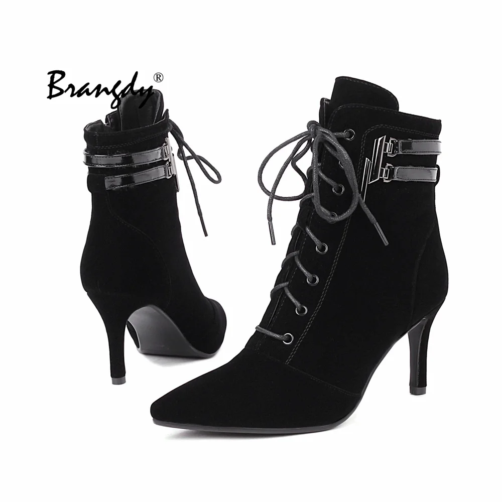 Brangdy 10cm High Thin Heel Ankle Boots Women Flock Sexy Ladies Pointed Toe Shoes 2021 New Autumn Lace Up  Black Fashion shoes