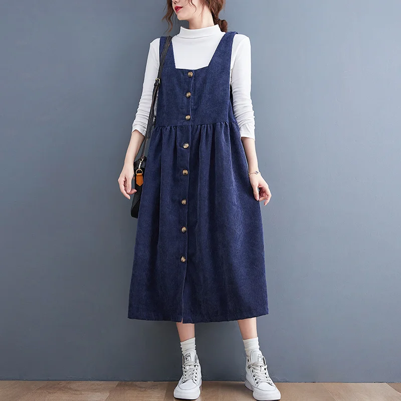 2022 New Vintage Corduroy Strap Dress Women Clothing Spring Autumn Dresses Loose Large Size Slim Dress D564