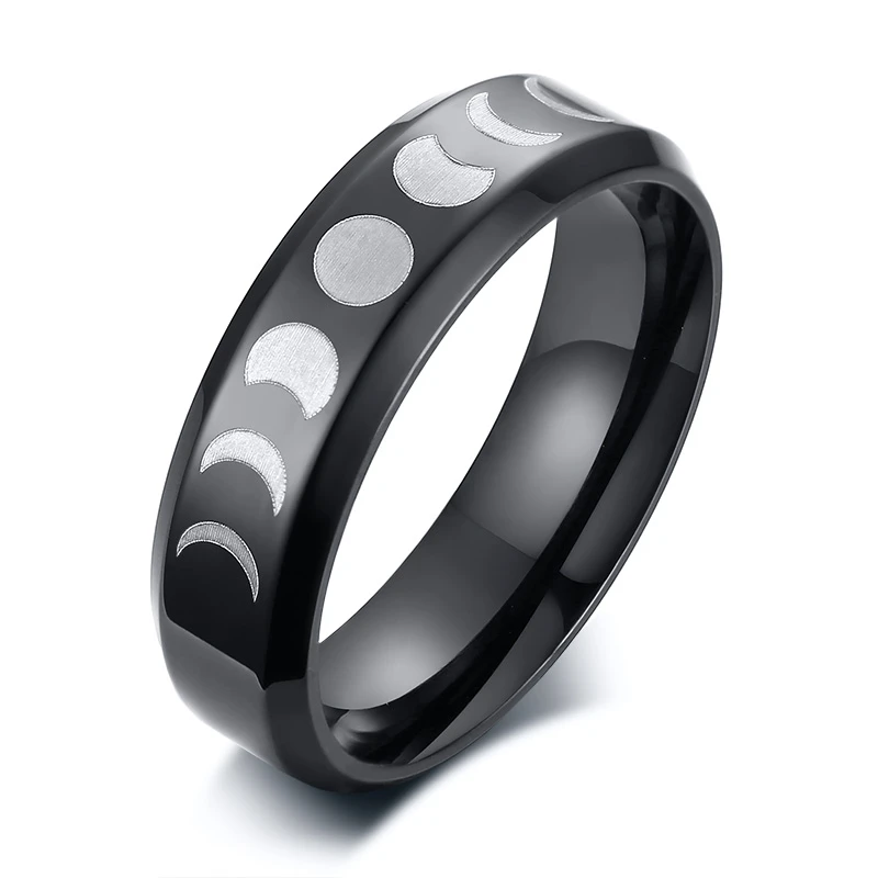 Stainless Steel Moon Phase Ring Black Crescent Moon Wiccan Ring Triple Goddess For Women Men 6mm Jewelry