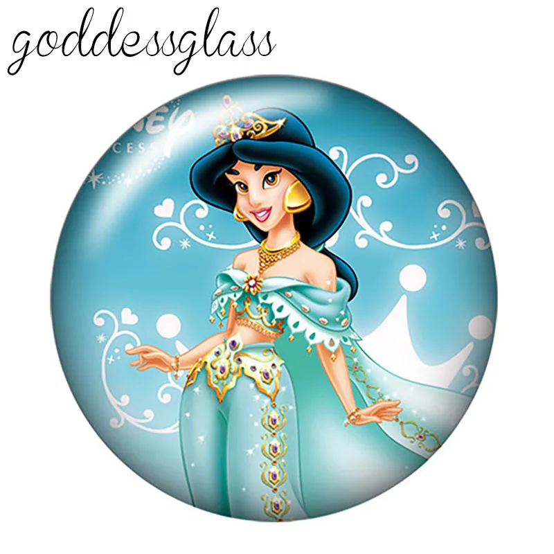 Princesses Elsa Belle Snow white 10pcs Round photo glass cabochon 18mm snap buttons for 18mm snap bracelets jewelry wholesale