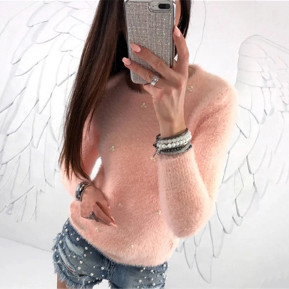 Autumn Winter Sweater Women Fashion Faux Pearl Beading Solid Color Sweaters Plush Long Sleeve Pullover Warm Sweater pull femme