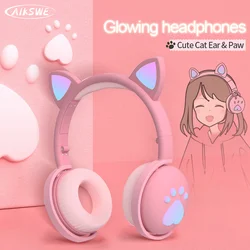 AIKSWE Bluetooth Headphones glowing cute LED Cat Ear Paw Girls Gift Kids Headset Wireless HIFI Stereo Bass 3.5mm Plug With Mic