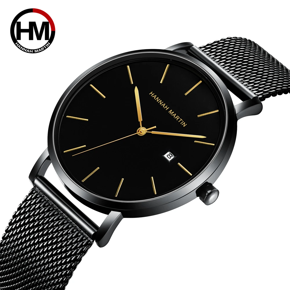 Japan Quartz Calendar Movement Ultra Thin Classic Golden Black Stainless Steel Band Waterproof Men\'s Top Brand Luxury Watches