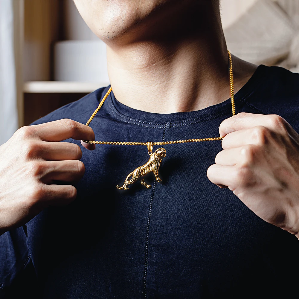 Punk Tiger Pendant Necklace for Men Stainless Steel Jewelry Link Chain Vintage Jewelry
