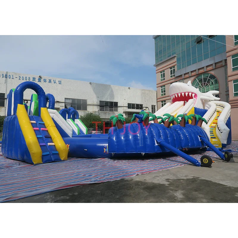 Free ship to sea port,giant inflatable water bouncy slide with pool, shark inflatable water park equipment