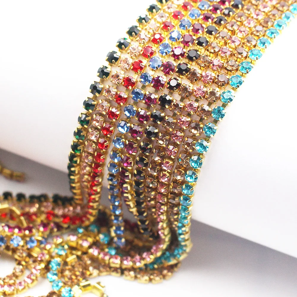1 Yard Rhinestones Chain SS6- SS12 Gold Base Shine Crystals Stones Glue On Rhinestone Chain for Clothes Needlework Gems Crafts
