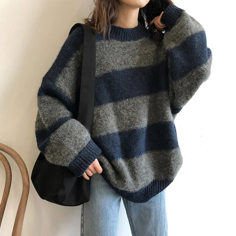 Women Knitted Striped Sweater Winter Casual Long Sleeve Pullover O-Neck Oversized Streetwear Sweater Warm Sueter Mujer