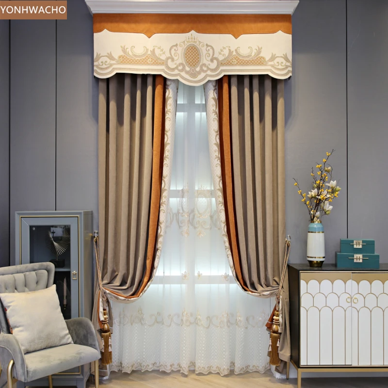 

Custom curtain popular simple living room luxury French chenille thick coffee cloth blackout curtain valance tulle panel C533