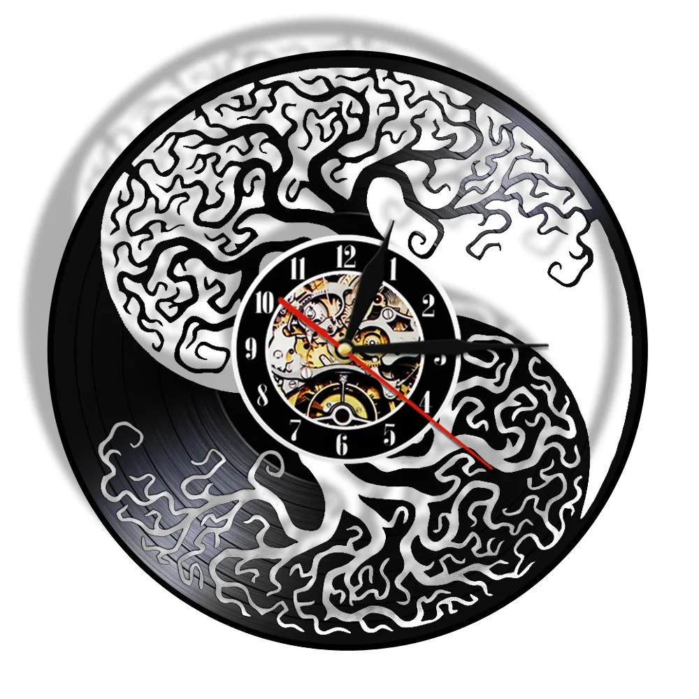 Yin and Yang Yggdrasil Tree Of Life Vinyl Record Wall Clock Feng Shui Zen Wall Watch Taijitu Balance Symbol Spiritual LED Light