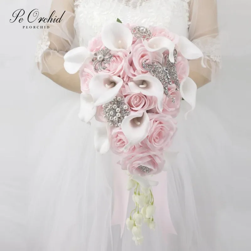 

PEORCHID Crystal Waterfall Brooch Wedding Bouquet Pink Calla Lily Rose Jewelry Cascading Bride Bouquet Flower With Pearls