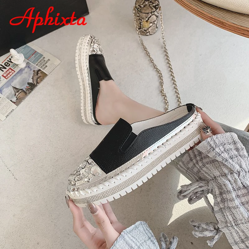 Aphixta New Crystals Flat Platform Mules Women Bling Diamond Rubber Rhinestone Lofers Shoes Fashion Slides Plus Size 42 43