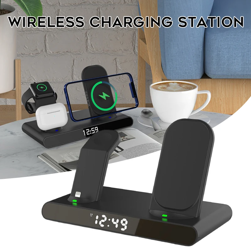 Multifunctional Fast Wireless Charger With Led Digital Clock Portable Earphone Smart Watch Charging Station Mobile Phone Accessy