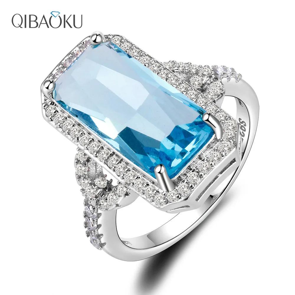 Hot Sale 925 Silver Jewelry Rings Rectangle Sapphire Ring with Clear Zircon Stones 4.5g Ring Luxury Gift for Women