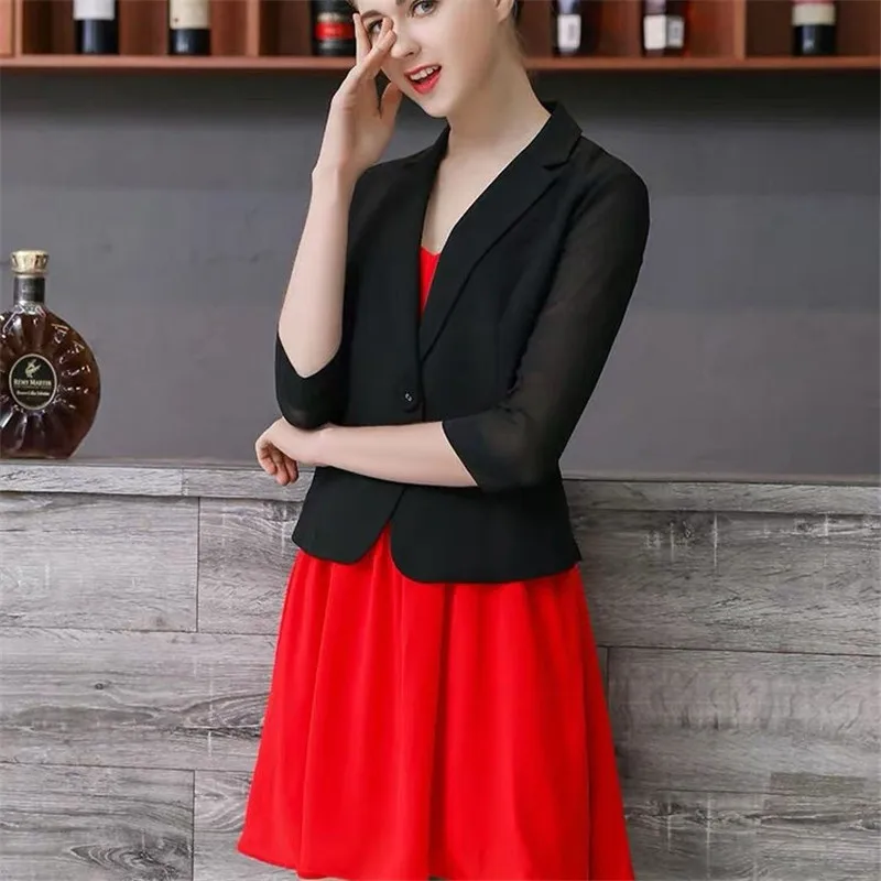 Summer Thin Small ChiffonSuit Jacket Lady Slim Single Button Blazer Women's Chiffon 3/4 Sleeve Casual Short Short Suit Y288