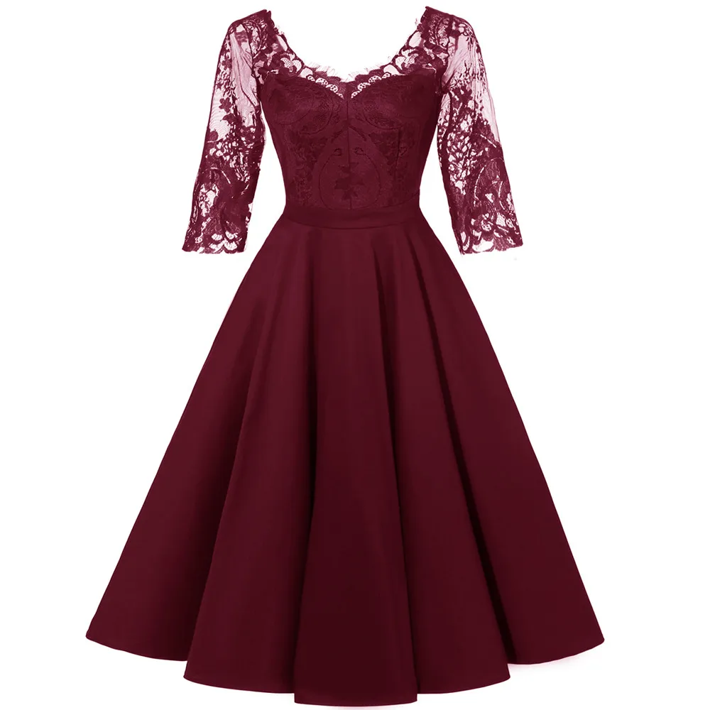 

Women Burgundy Vintage Christmas Dress Sexy V Neck Tulle Sleeve Swing A Line Elegant Casual New Year Party Dress Robe Clothing