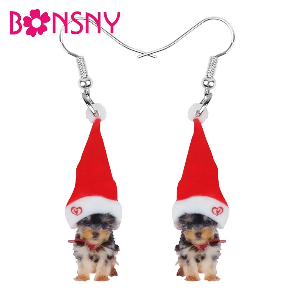 Bonsny Acrylic Christmas Hat Yorkshire Yorkie Dog Earrings Drop Dangle Animal Pets Jewelry For Women Girls Teen Party Charm Gift