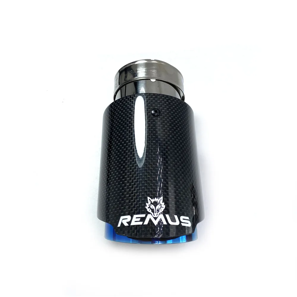 1PCS Car Exhaust Tail Pipe Glossy Carbon Tail End Blue Stainless Steel Straight Muffler Tip Flange With Remus Logo For Bmw F30