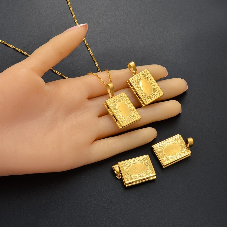 Anniyo DIY Keeping Photo Pendant Necklace Women Iran Jewelry,Gold Color Islam Arab Holy Bible Cross Allah Box #071502