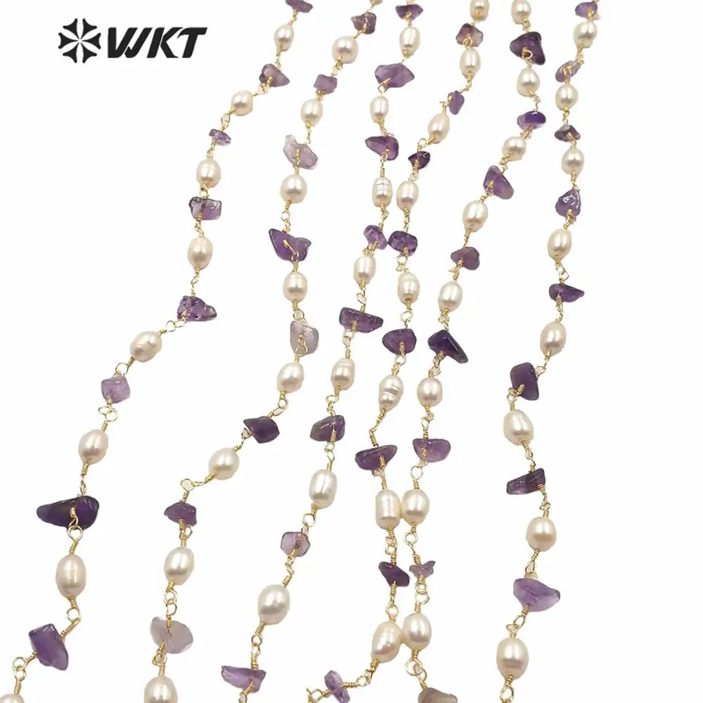 WT-RBC165 fashion irregular crushed stone and real pearl rosary beads chain for DIY jewelry design making chain necklac chain