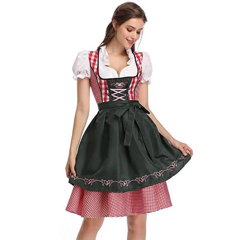 Alta qualidade tradicional alemão xadrez dirndl vestido oktoberfest traje roupa para adulto feminino halloween cosplay fantasia festa