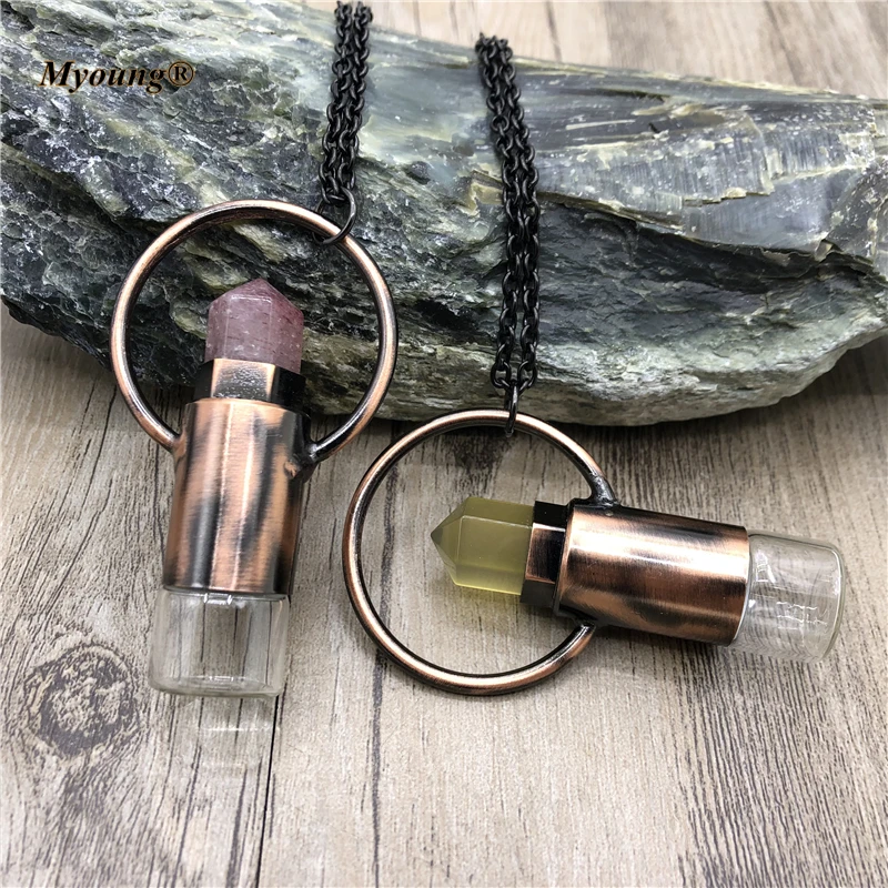 5PCS Natural Strawberry Lemon Crystal Quartz Prism Perfume Essential Oil Diffuser Roll On Bottle Vintage Pendant Necklace