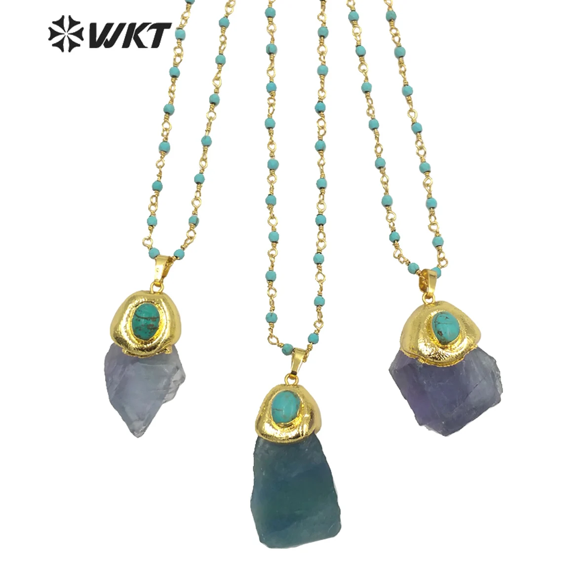 WT-N1288 Amazing Handmade Green Turquoises Rosary Beads Chain Blue Fluorite Pendant Necklace In Gold With Irregular Stone Shape