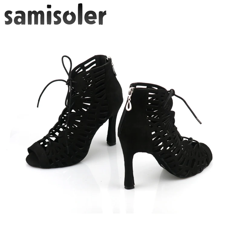 Samisoler Social Ballroom Dance Boots Indoor Sports Shoes Professional Salsa Latin Lace-Up Sandals Net Surface Hollow Out Heels