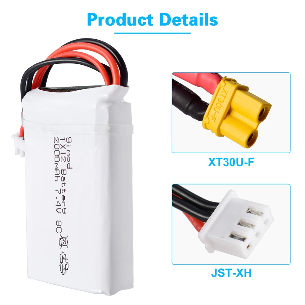 2000mah 7.4V 2S Lipo Battery 8C JST-XH and jst Plug for OPENTX RadioMaster TX12 Jumper T16 Remote Control Transmitter