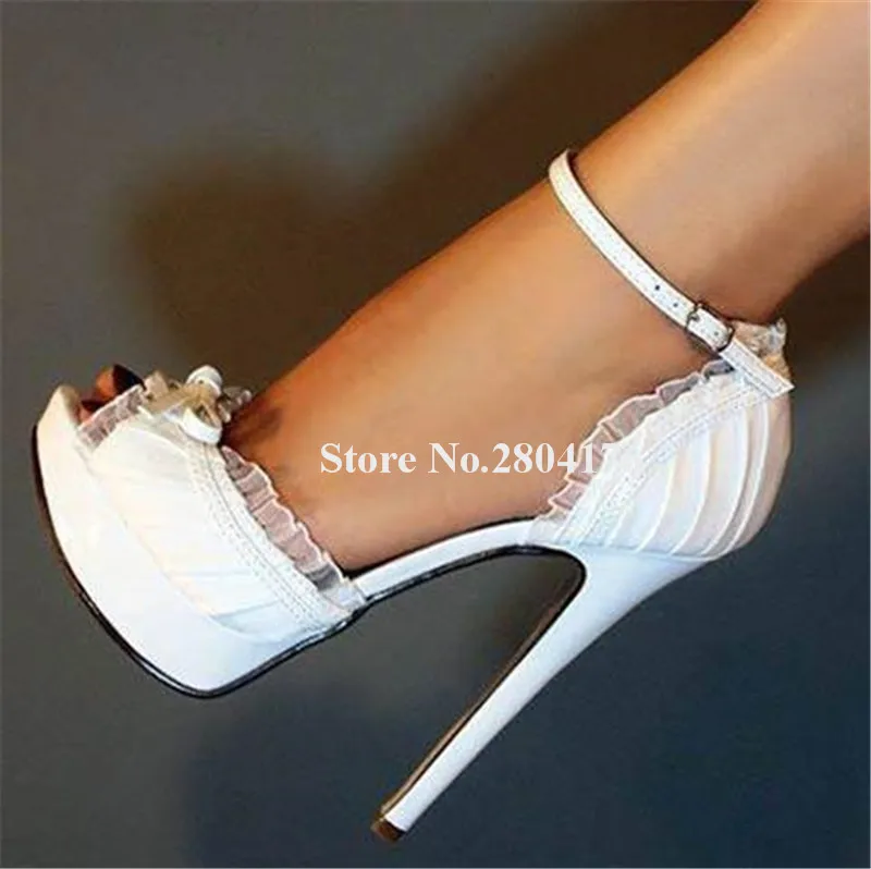 

Women Elegant Peep Toe White Mesh High Platform Stiletto Heel Sandals Bowtie Ruffles High Heel Sandals Wedding Heels Big Size