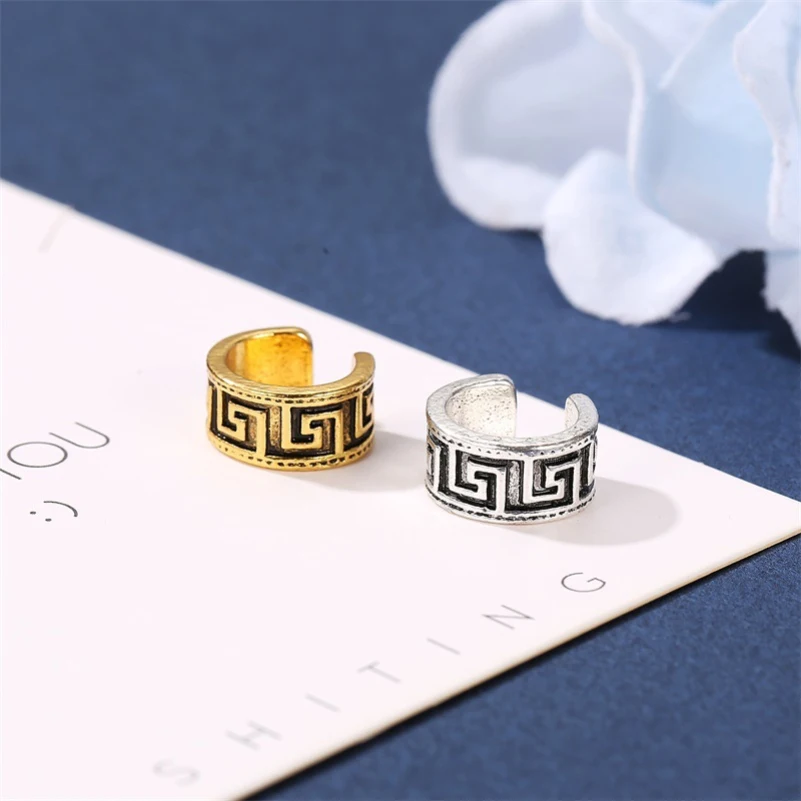 Ethnic Style Printed Golden Silver Plated Alloy Ear Cuff Clip Earrings For Women Men Climbers No Piercing Fake Cartilage Earring