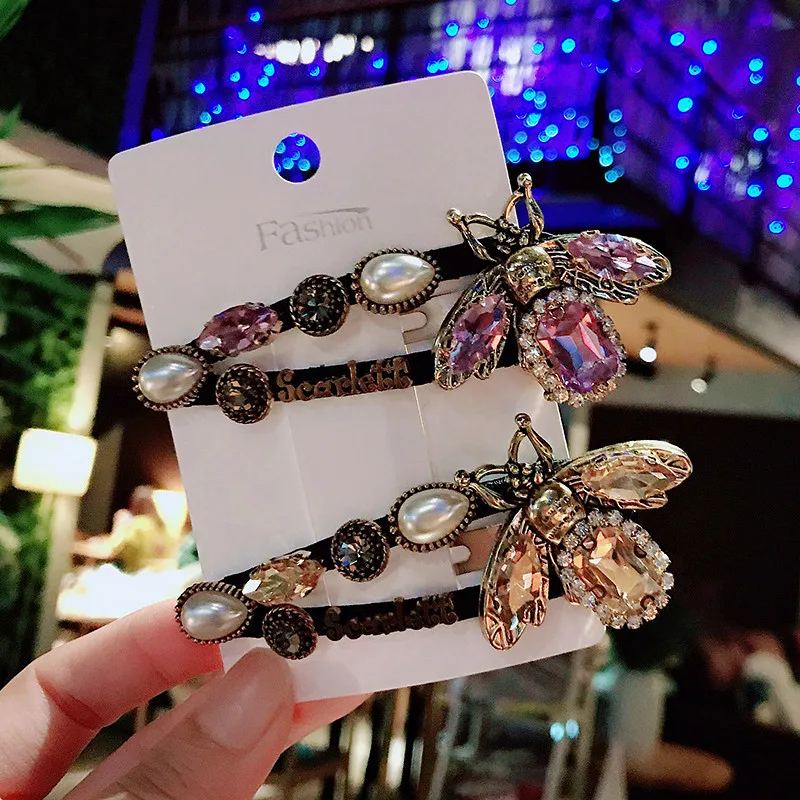 Baroque Bee Rhinestone Hair Clips Luxury Gemstone Spring Clips Headdress Vintage Colored Pearl Bee Hairpins Alloy Barrettes Set