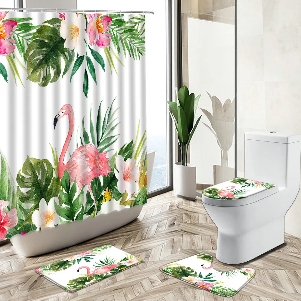 Tropical Green Plants Flamingo Shower Curtain Summer Jungle Flower Leaf Scenery Home Bath Mat Toilet Cover Bathroom Carpet Set